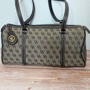 Vintage Dooney & Bourke Monogram Barrel Bag - Classic Canvas and Leather Handbag